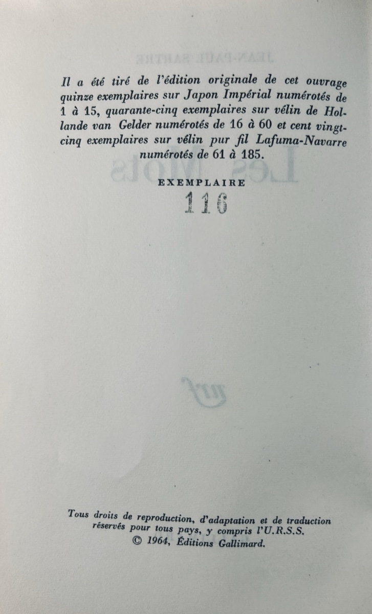 SARTRE (Jean-Paul) - Les mots. Paris, Gallimard, 1964, édition originale numérotée, bel état.-photo-3