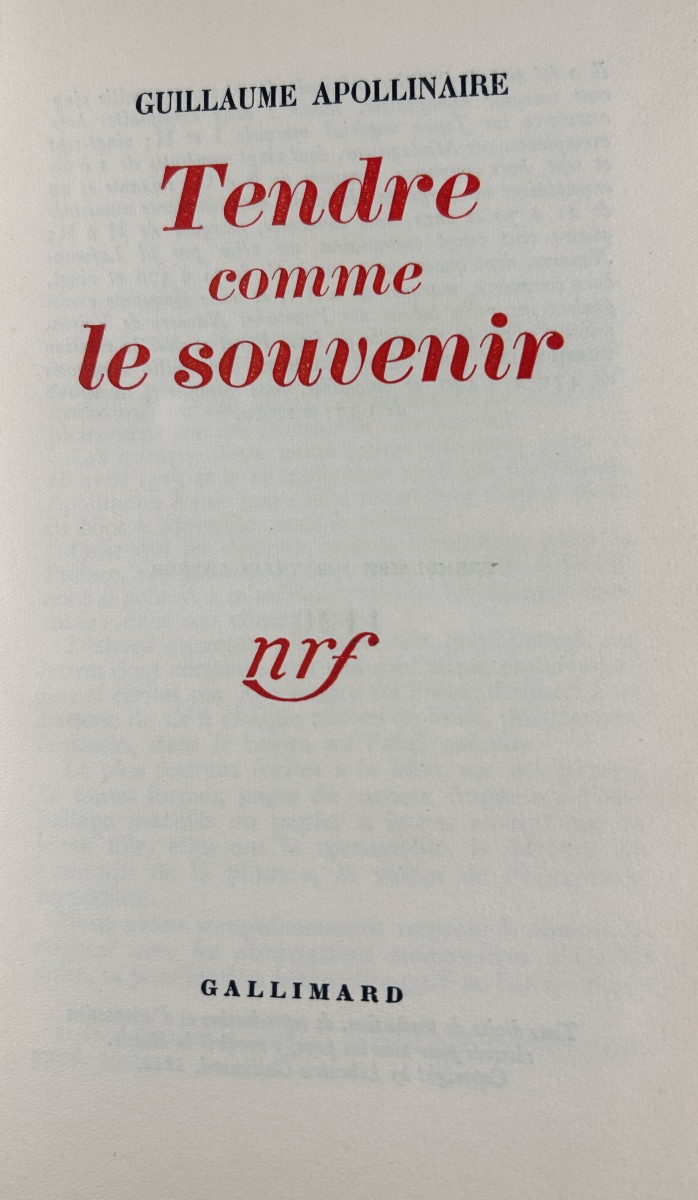 Apollinaire (guillaume) - Tendre Comme Le Souvenir. Gallimard, 1952, Hardback By Paul Bonet.-photo-2