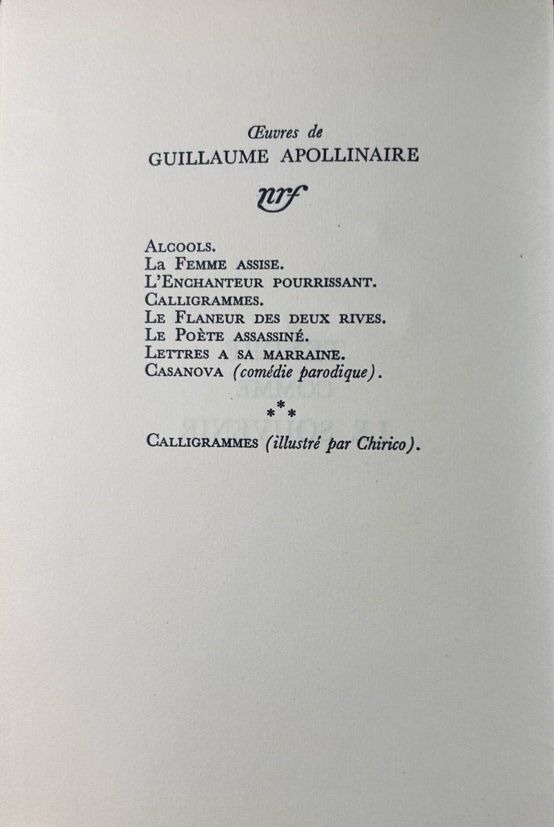 Apollinaire (guillaume) - Tendre Comme Le Souvenir. Gallimard, 1952, Hardback By Paul Bonet.-photo-2
