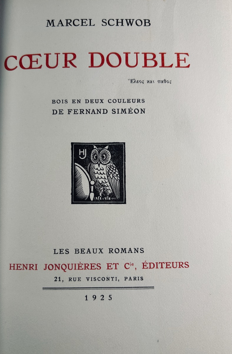 [SIMÉON]  - SCHWOB (René) - Coeur double. Jonquières et Cie. Les Beaux Livres, 1925, bien relié-photo-2
