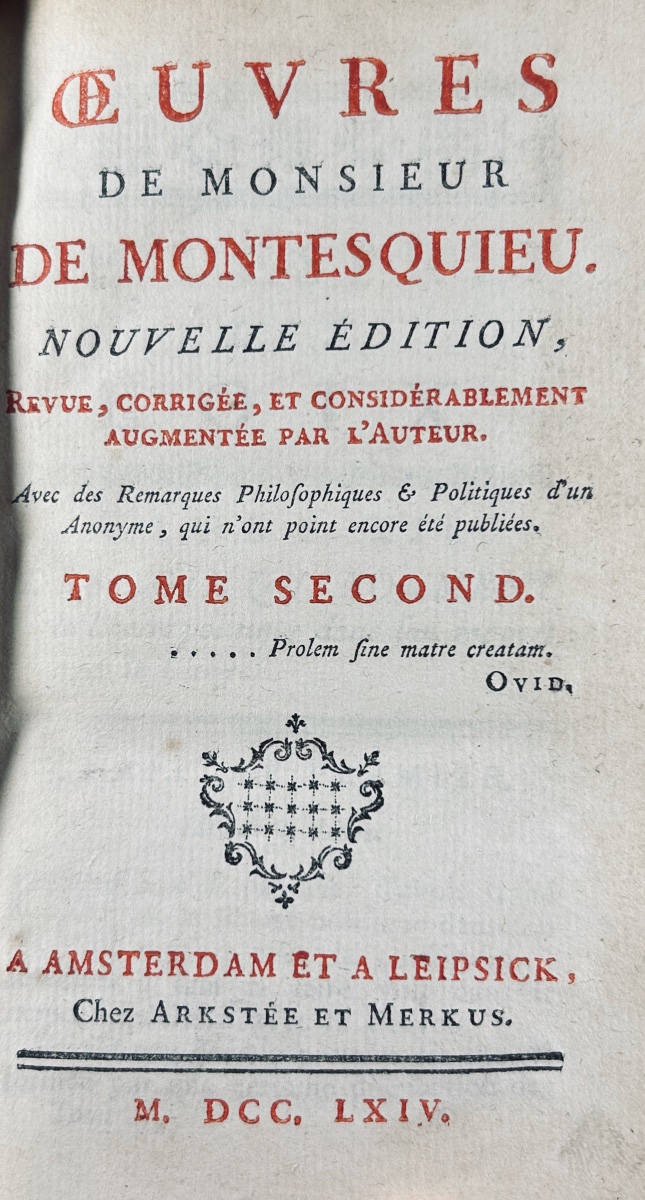 MONTESQUIEU - Oeuvres de Montesquieu. Chez Arkstée & Merkus, chez De Bure, 1764, 7 volumes.-photo-2