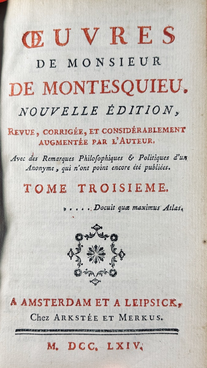 MONTESQUIEU - Oeuvres de Montesquieu. Chez Arkstée & Merkus, chez De Bure, 1764, 7 volumes.-photo-5