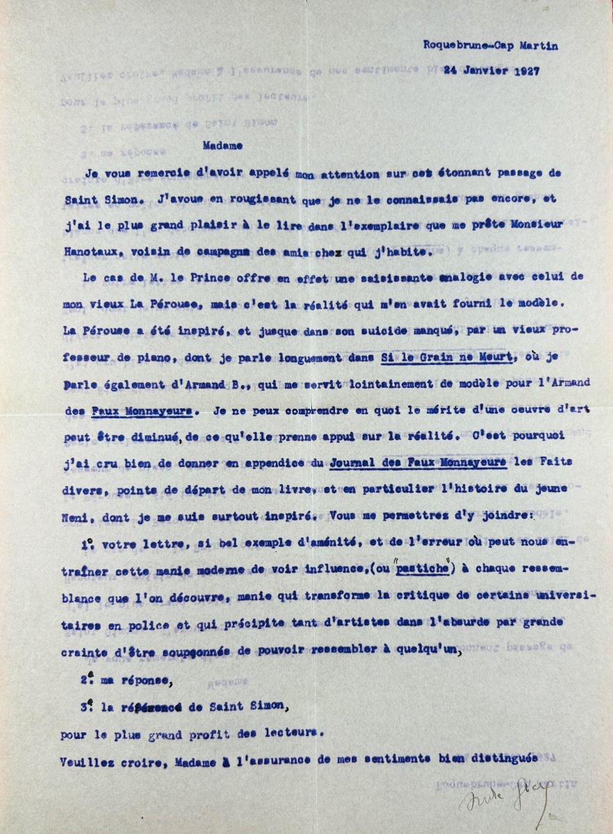 GIDE - Journal des faux-monnayeurs. Gallimard, 1927 ; 2 lettres polycopiées signées Gide.-photo-2