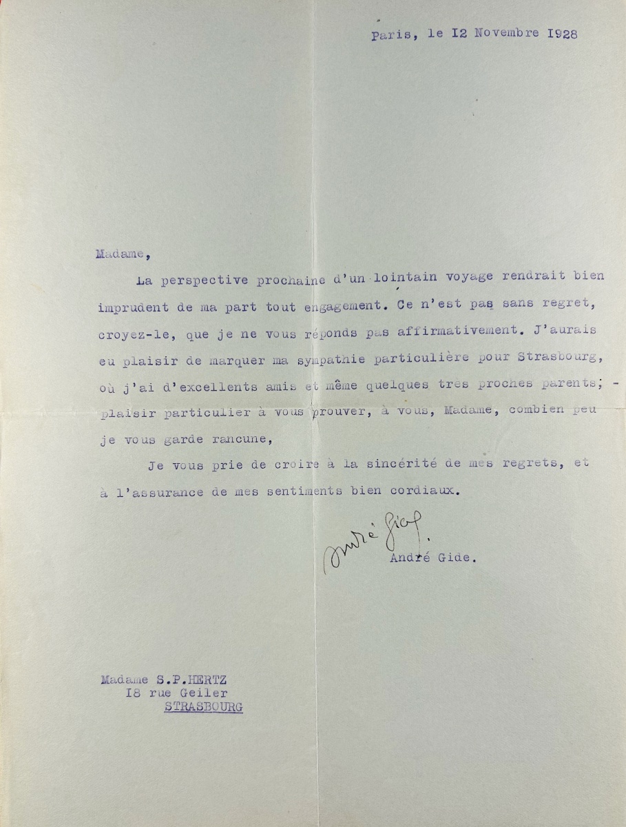 GIDE - Journal des faux-monnayeurs. Gallimard, 1927 ; 2 lettres polycopiées signées Gide.