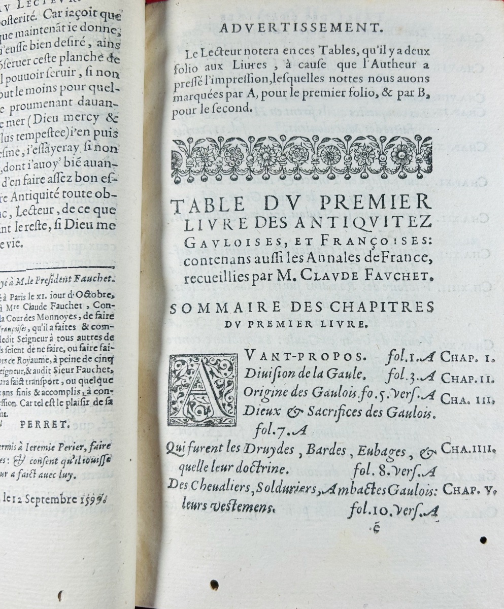 FAUCHET - Les antiquités gauloises et françoises. Chez Jérémie Perier, 1599. Reliure ancienne.-photo-6