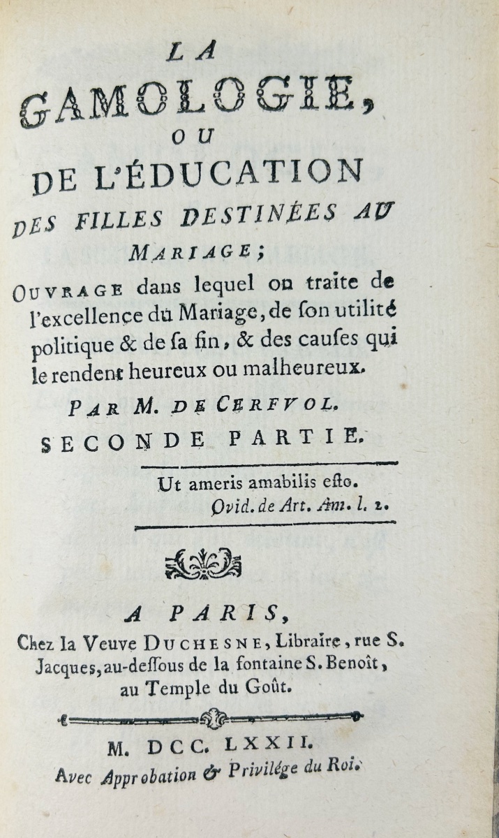 Cerfvol - *gamology, Or On The Education Of Girls Intended For Marriage*. Duchesne, 1772.-photo-5