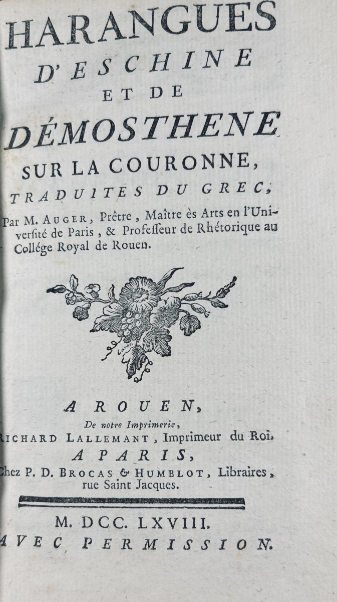 Auger - Speeches By Aeschines And Demosthenes On The Crown. 1768, Contemporary Binding.