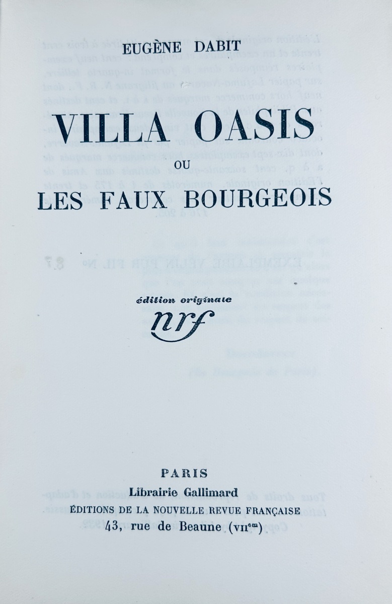 Dabit (eugène) - *villa Oasis, Or The Pseudo-bourgeois*. Paris: Gallimard, 1932, First Edition.-photo-2