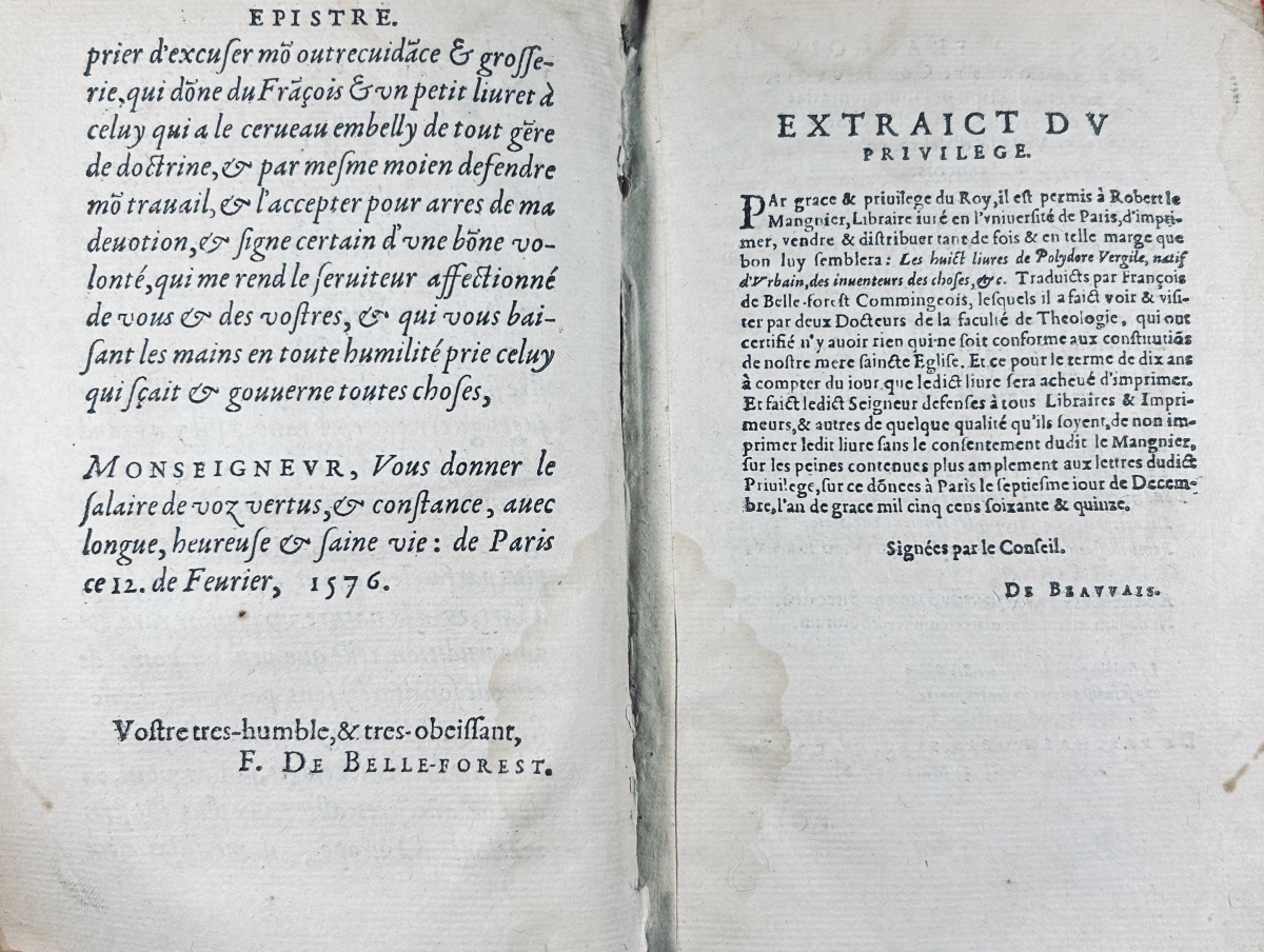 Belleforest And Polydore Vergile - *memoirs And History Of Origins*. Le Mangnier, 1582.-photo-3