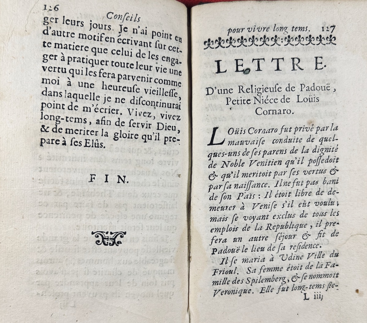 CORNARO (Loüis) - Conseils pour vivre long-temps. Chez Le Febvre, 1701, reliure de l'époque.-photo-2