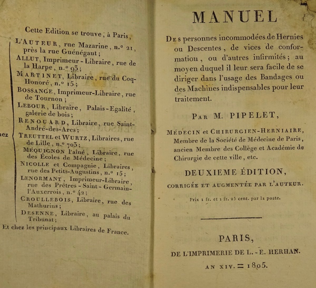 PIPELET - Livre de médecine concernant les hernies. 1805.