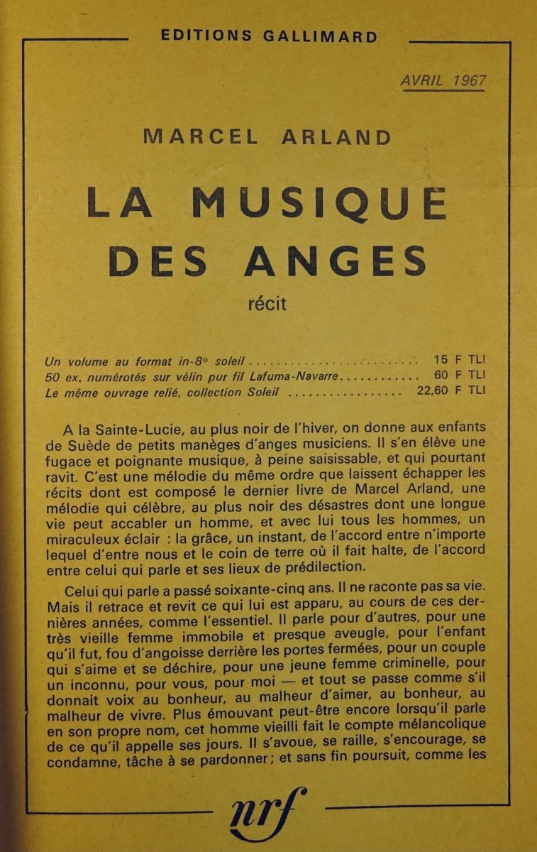 Arland (marcel) - The Music Of The Angels. Paris, Gallimard, 1967. Sent From The Author.-photo-1