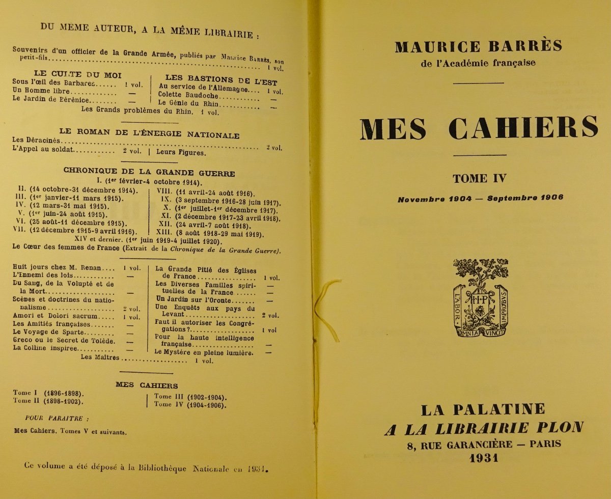 BARRÈS - Mes Cahiers. Tome quatrième (1904-1906). Plon - La Palatine. Édition originale.-photo-3