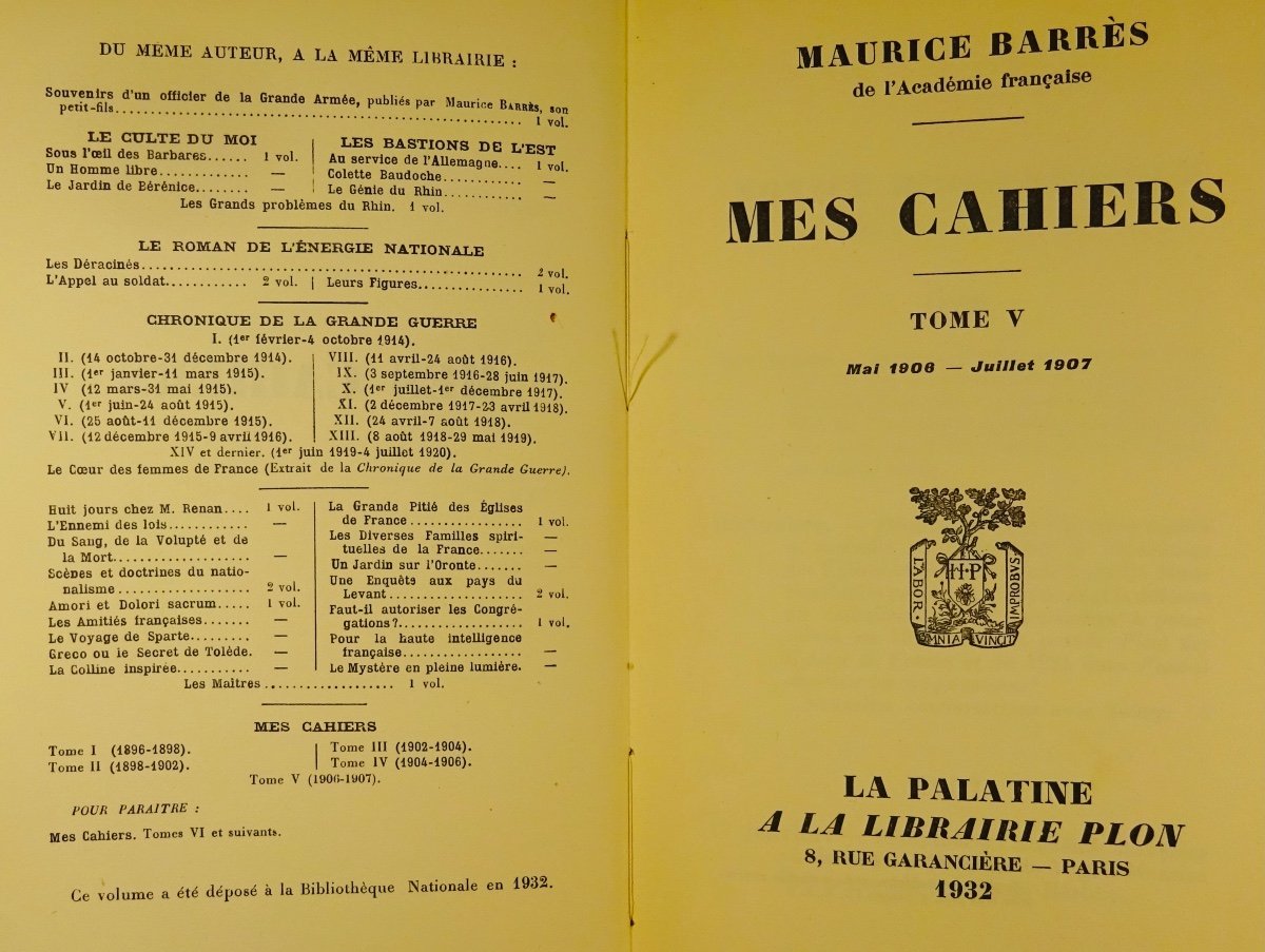 BARRÈS - Mes Cahiers. Tome cinquième (1906-1907). Plon - La Palatine, 1932. Édition originale.-photo-3