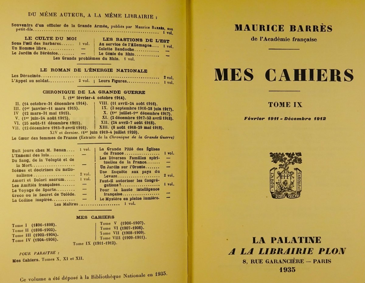 BarrÈs - My Notebooks. Ninth Volume (1911-1912). Plon - La Palatine, 1935. First Edition.-photo-3