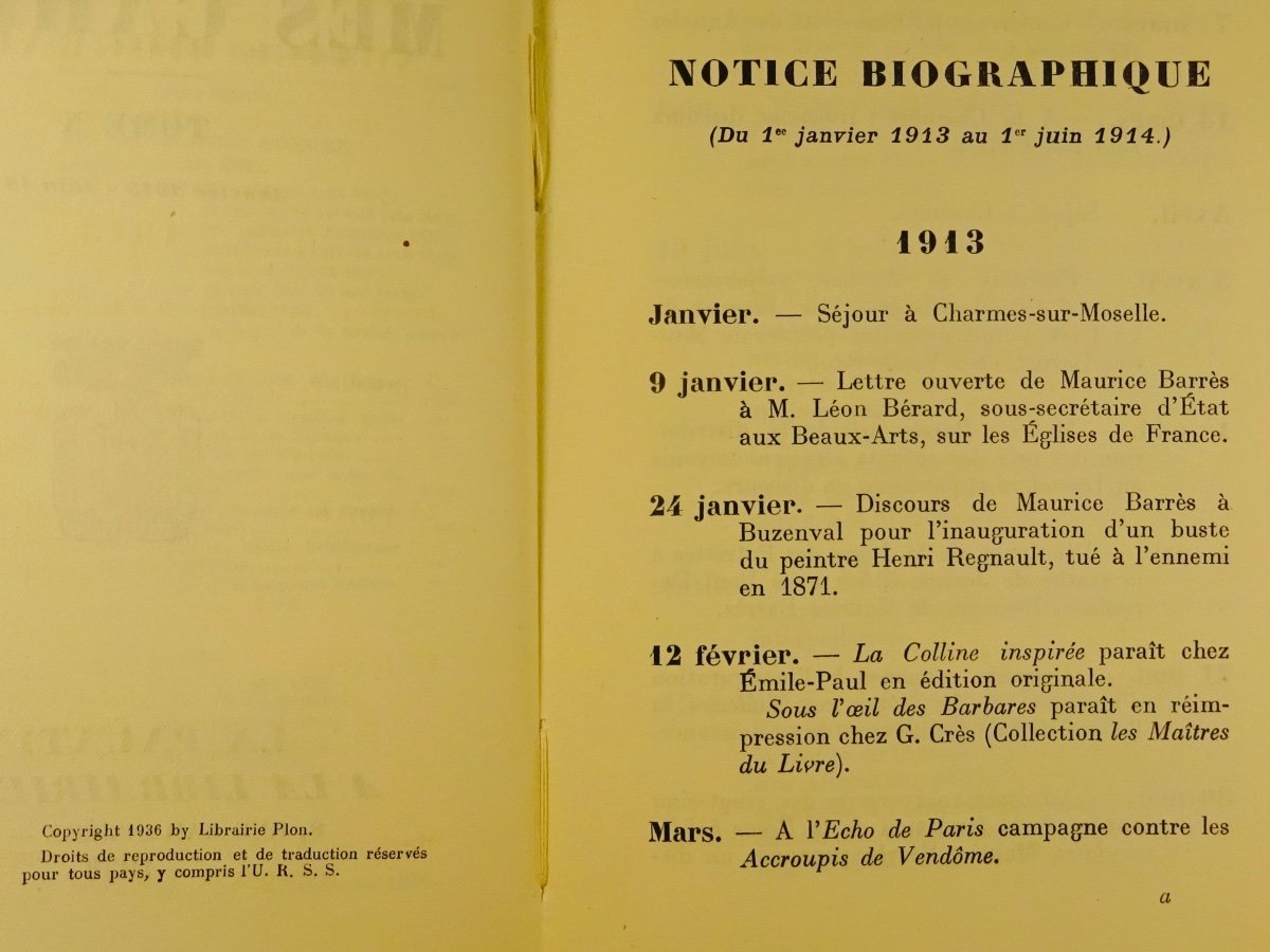 BarrÈs - My Notebooks. Tenth Volume (1913-1914). Plon - La Palatine, 1936. First Edition.-photo-4