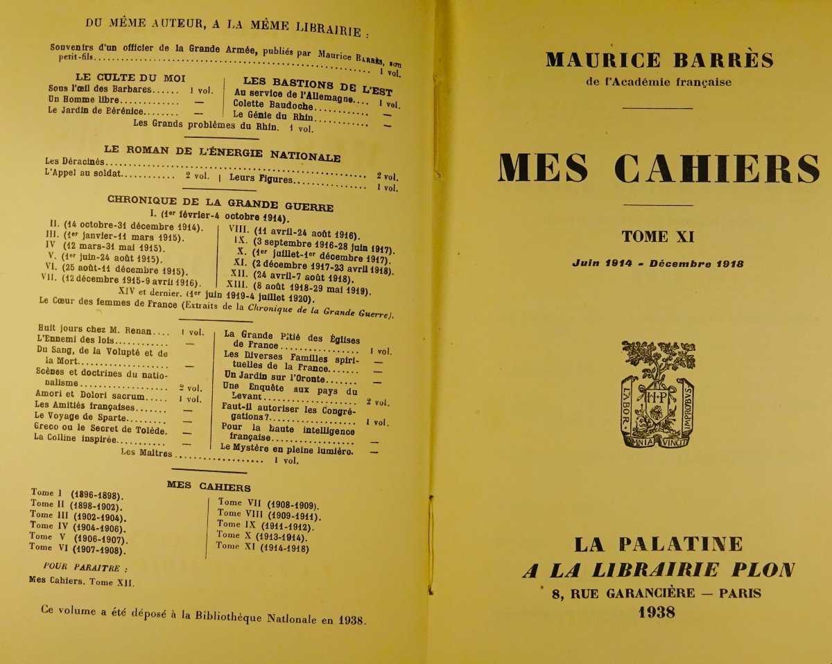 BARRÈS - Mes Cahiers. Tome onzième (1914-1918). Plon - La Palatine, 1937. Édition originale.-photo-3