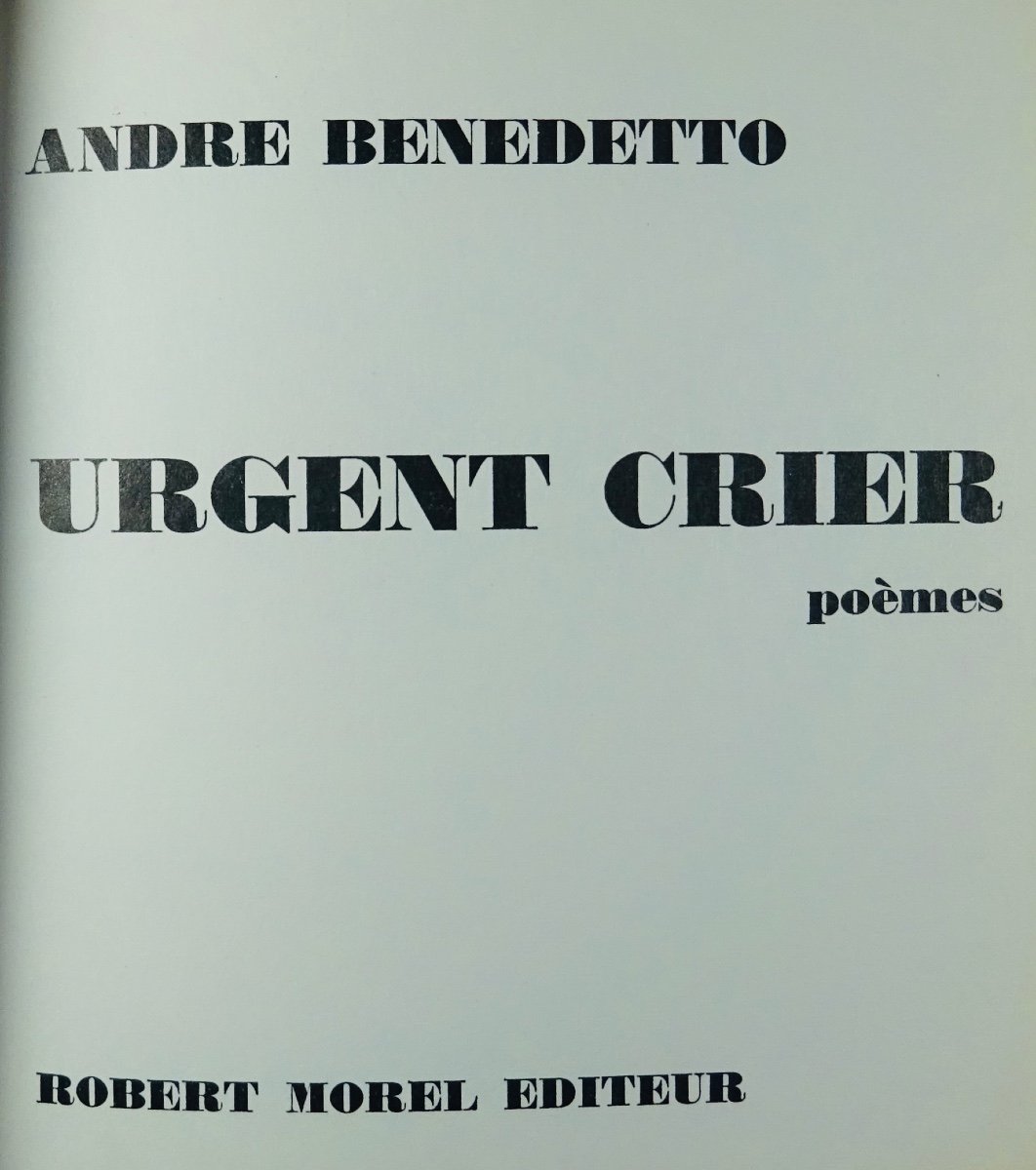 BENEDETTO - Urgent crier, poèmes. Morel, 1966. Édition originale, reliure d'Odette DUCARRE.-photo-4