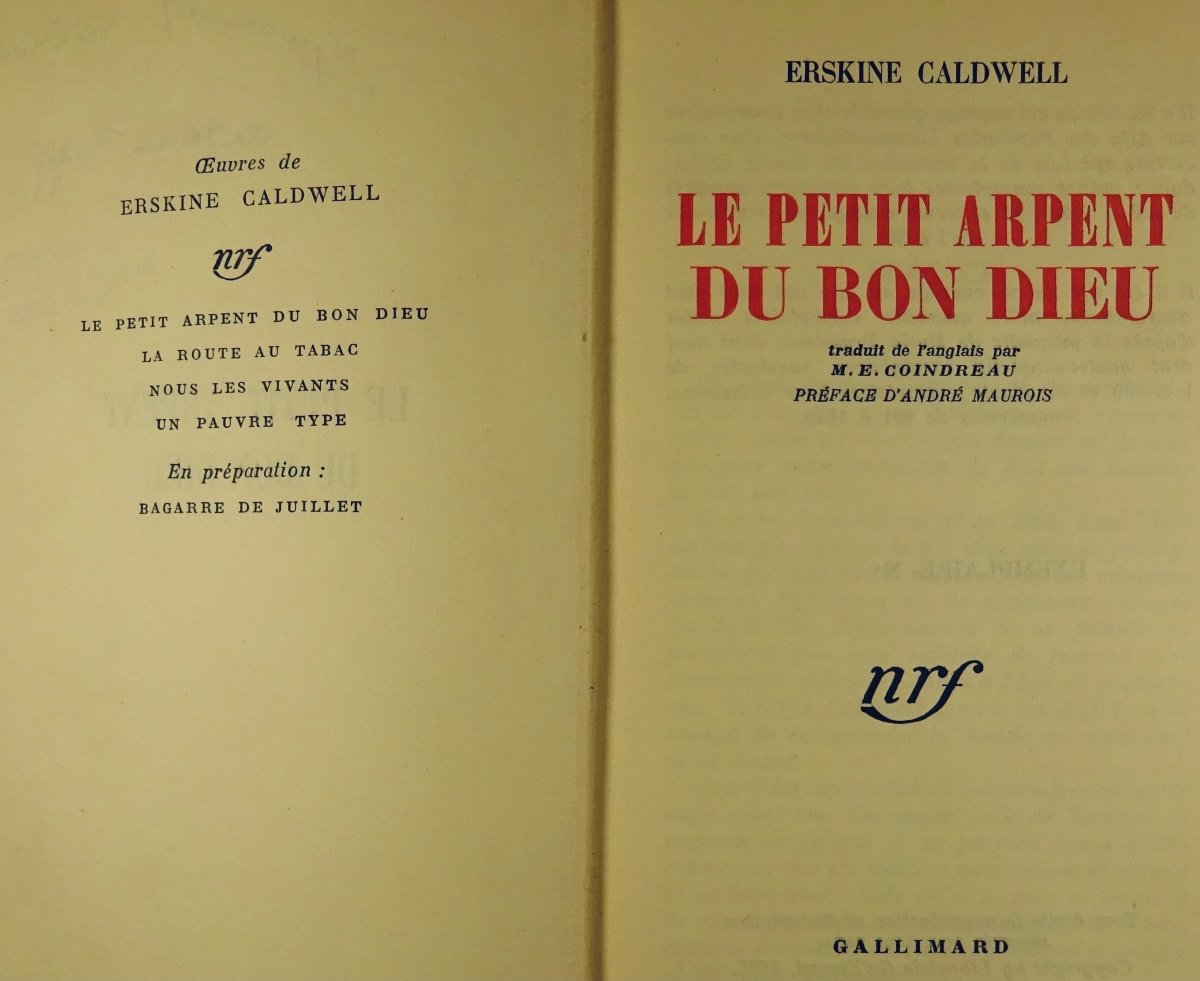 Caldwell - Le Petit Arpent Du Bon Dieu. Gallimard, 1936. Cartonnage Prassinos.-photo-2