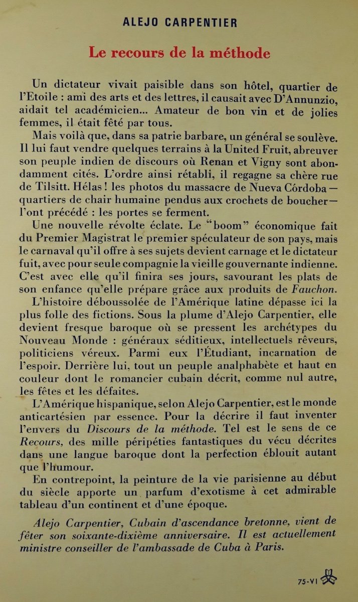 CARPENTIER - Le Recours de la méthode. Gallimard, 1975. Dédicace de l'auteur.-photo-8