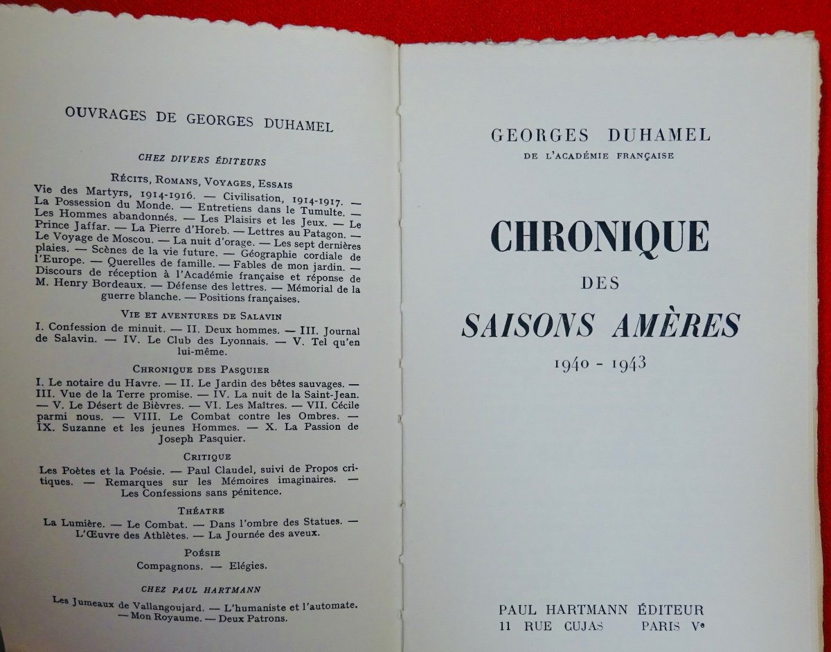 DUHAMEL - Chronique des saisons amères 1940-1943. Hartmann éditeur, 1944. Édition originale.-photo-2