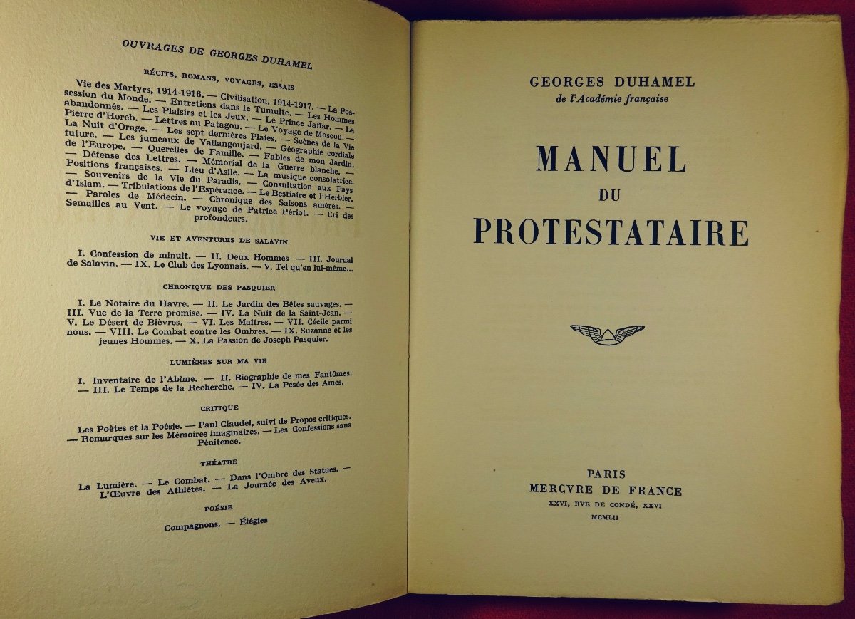 DUHAMEL - Manuel du protestataire. Mercure de France, 1952. Édition originale.-photo-2