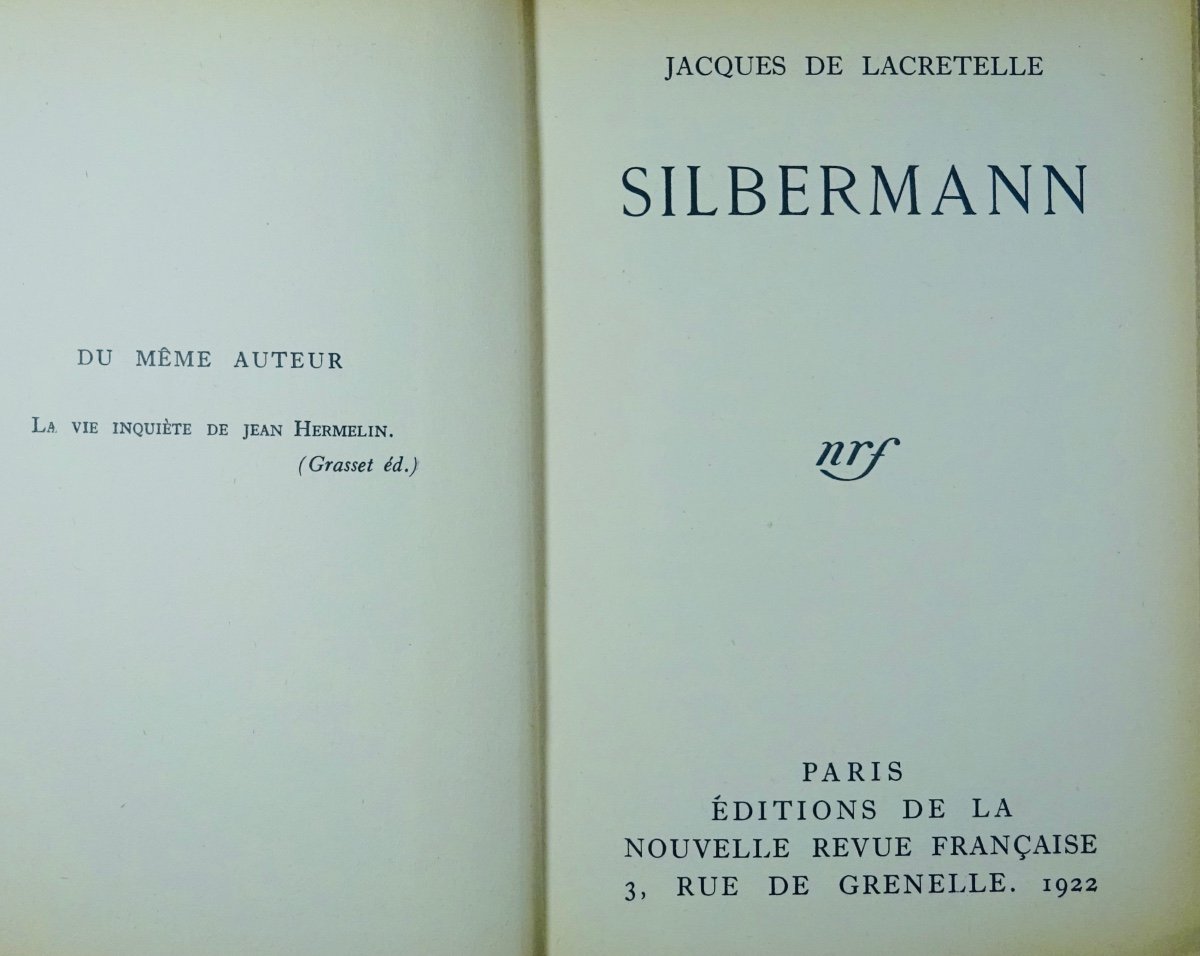 LACRETELLE - Silbermann. Paris, Nouvelle Revue Française, 1922. Envoi De l'Auteur.-photo-3