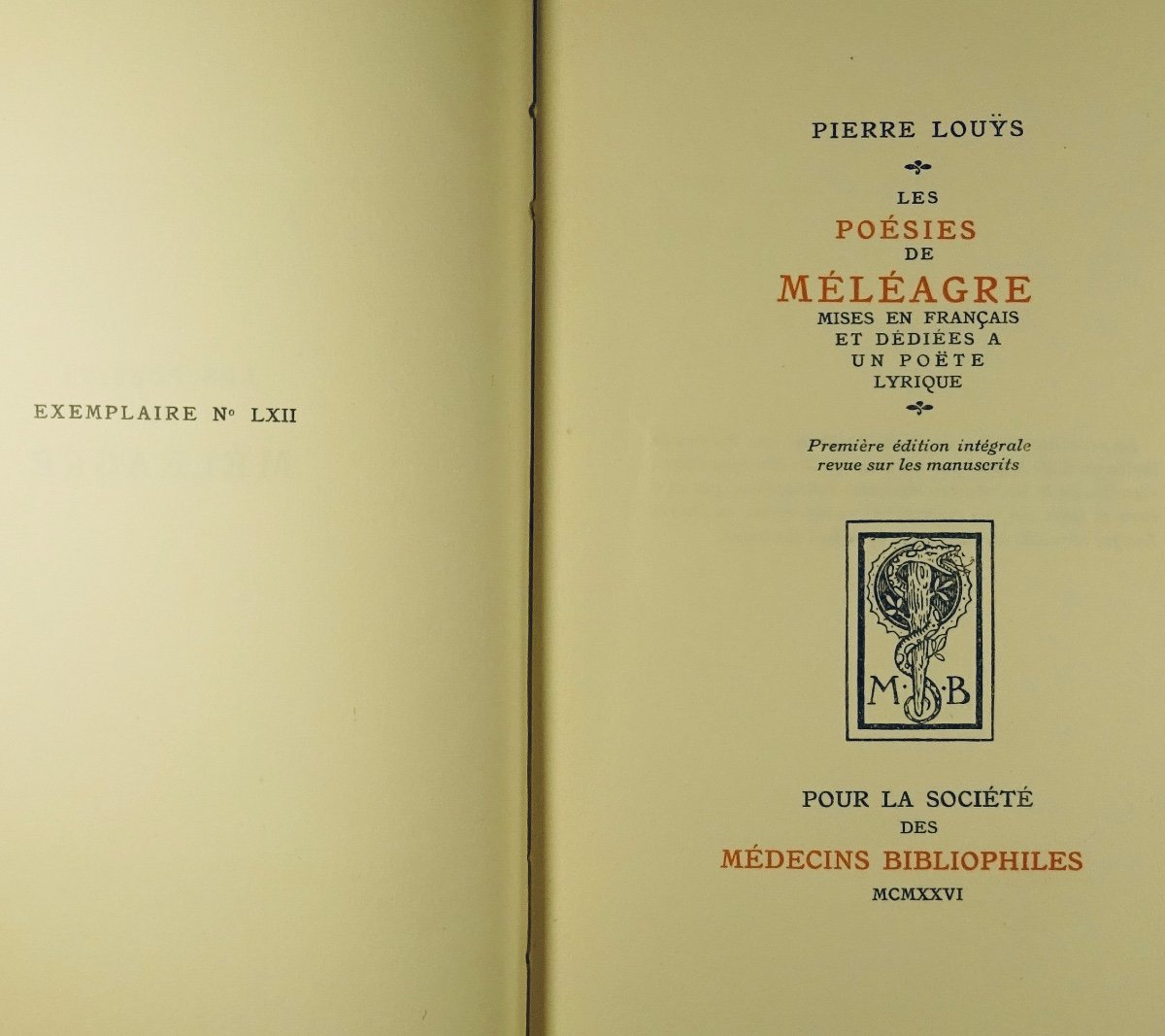 LOUŸS (Pierre) - Les Poésies de Méléagre. Société des Médecins Bibliophiles, 1926. COYSYN.-photo-3