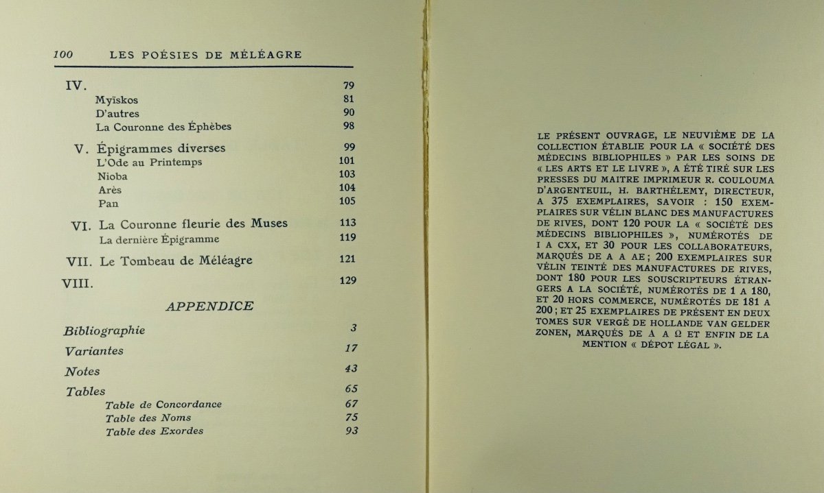 LOUŸS (Pierre) - Les Poésies de Méléagre. Société des Médecins Bibliophiles, 1926. COYSYN.-photo-5