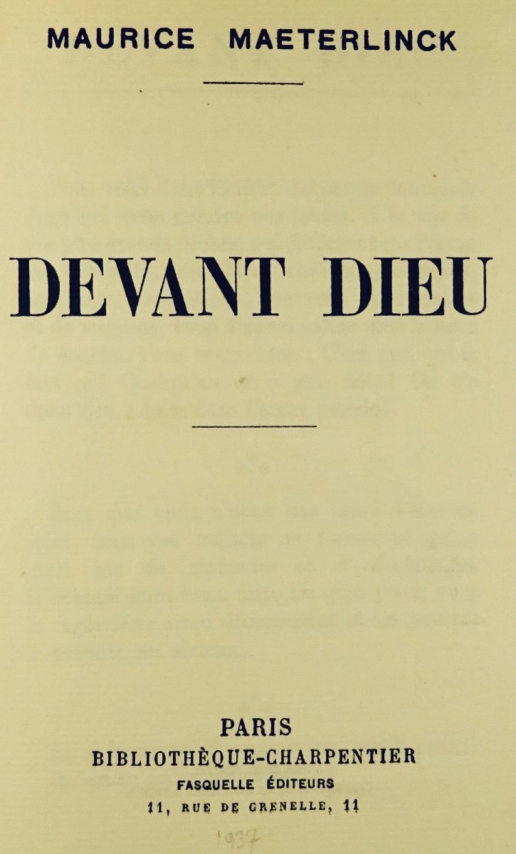 Maeterlinck (maurice) - Before God. Paris, Bibliothèque Charpentier, 1937. First Edition.-photo-3