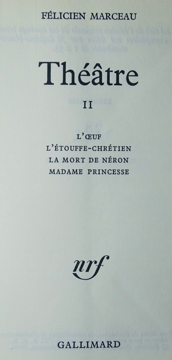 Marceau (félicien) - Theatre. Volume 1 And 2. Gallimard, 1964. Numbered First Edition.-photo-2