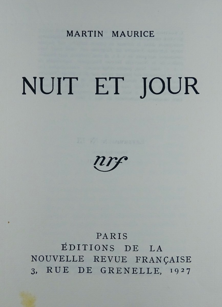 Maurice (martin) - Night And Day. Paris, Gallimard, 1927. First Edition.-photo-2