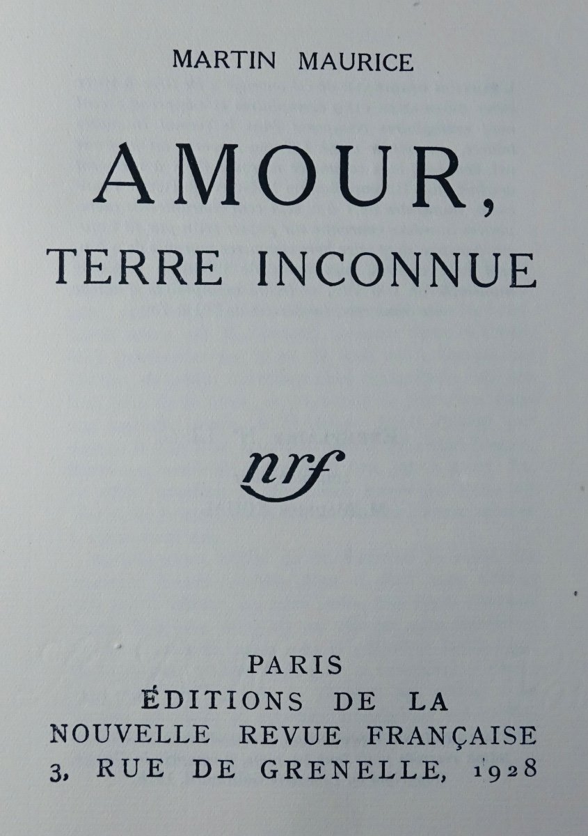 MAURICE (Martin) - Amour, terre inconnue. Gallimard, 1928. Édition originale.-photo-2