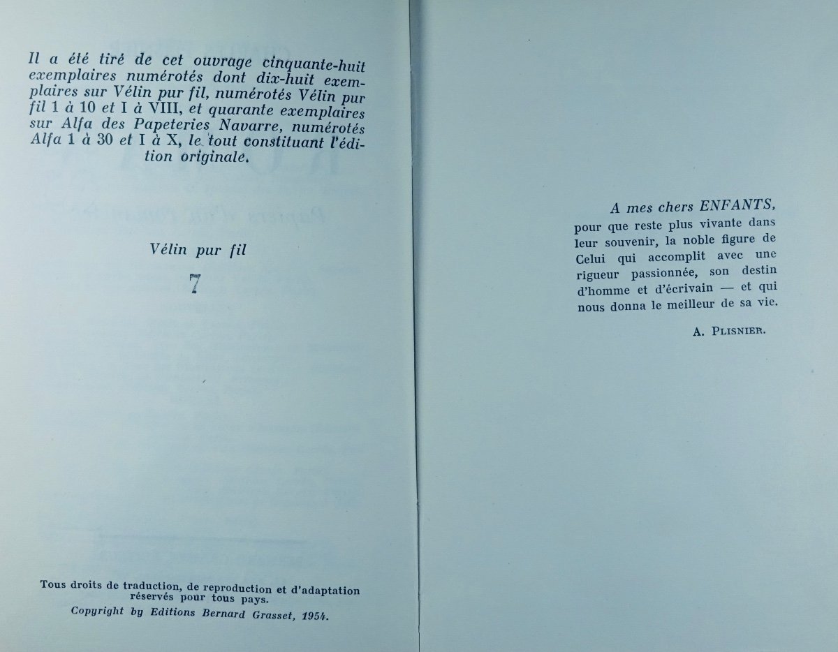 Plisnier (charles) - Novel. Papers Of A Novelist. Bernard Grasset, 1954. First Edition.-photo-1