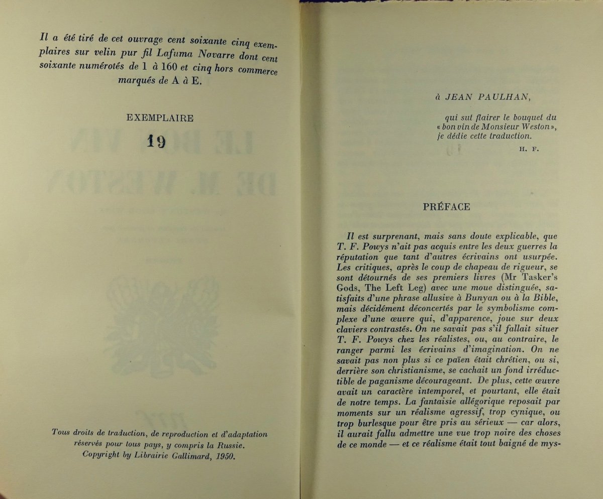 POWYS (Th. F.) - Le Bon vin de M. Weston. Paris, Gallimard, 1950. Édition originale.-photo-2