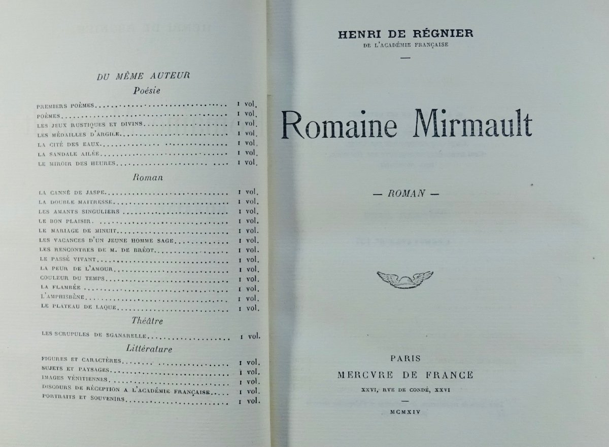 RÉGNIER (Henri de) - Romaine Mirmault. Paris, Mercure de France, 1914. Édition originale.-photo-2