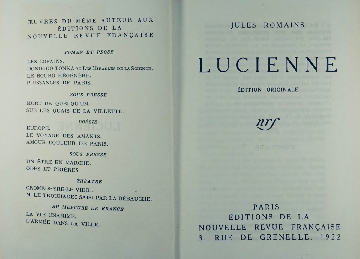 Romains (jules) - Lucienne. Paris, Gallimard, 1922. Original Edition.-photo-2