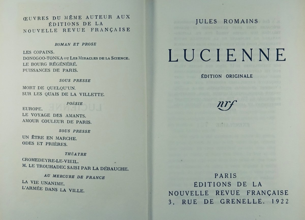 ROMAINS (Jules) - Lucienne. Paris, Gallimard, 1922. Édition originale.-photo-2