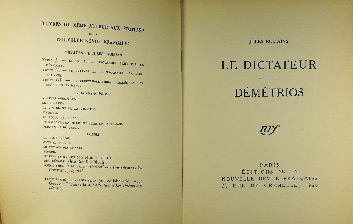 Romans (jules) - The Dictator. Demetrios. Gallimard, 1926. First Edition.-photo-2
