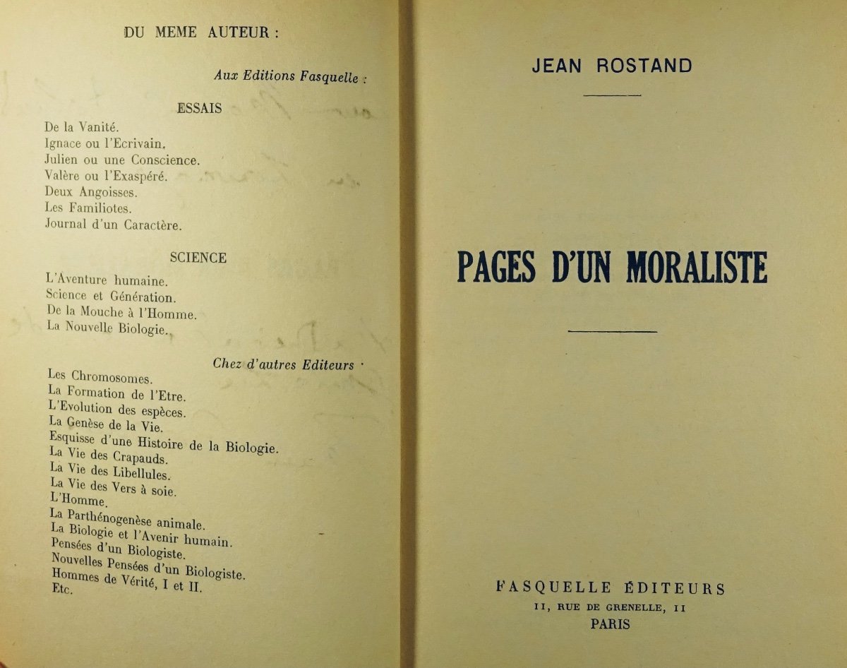 Rostand (jean) - Pages Of A Moralist. Fasquelle Publishers, 1952. Sent By The Author.-photo-3