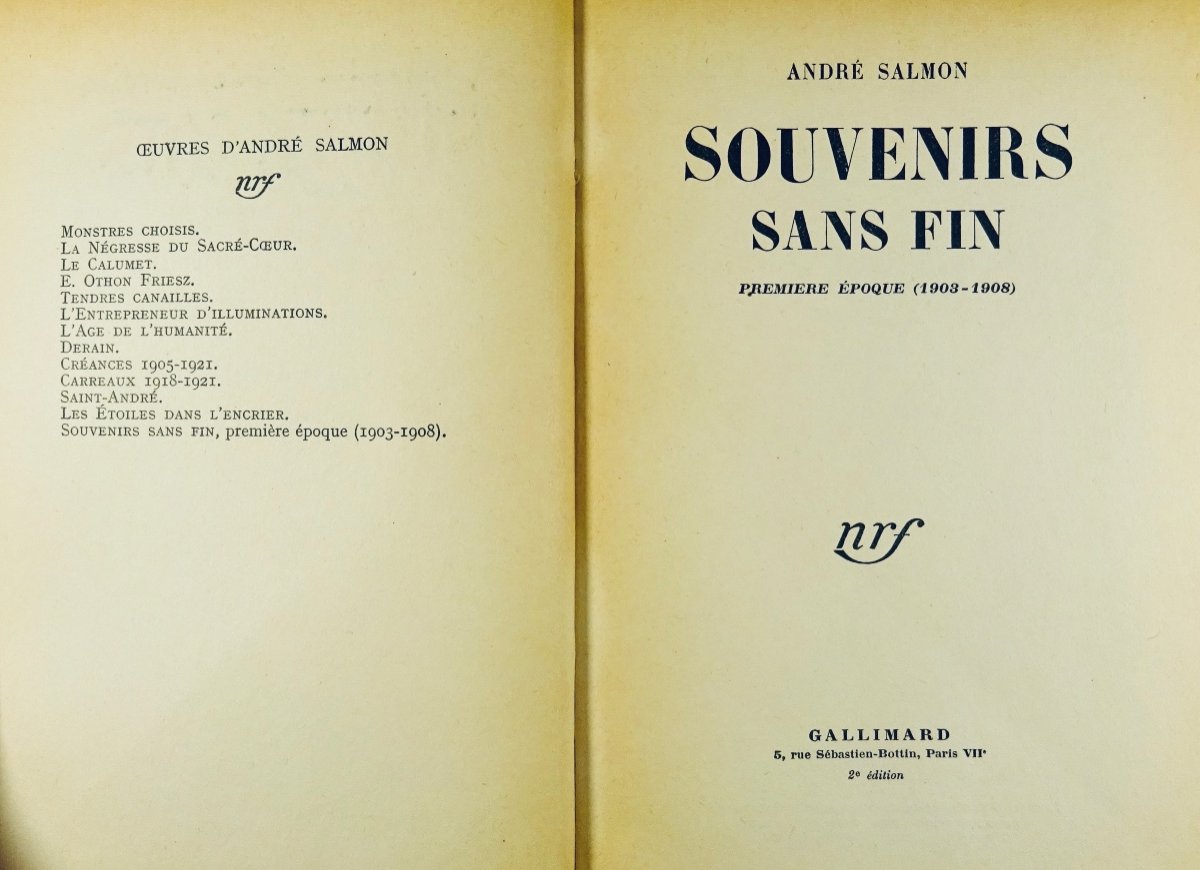 SALMON- Souvenirs sans fin. Première époque (1903-1908). Gallimard, 1955. Envoi de l'auteur.-photo-3