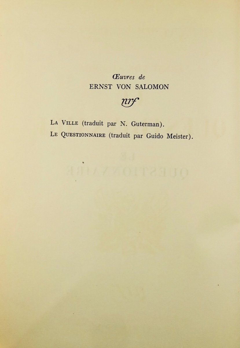 Salomon (ernst Von) - The Questionnaire. Gallimard, 1953. Original Edition In French.-photo-2