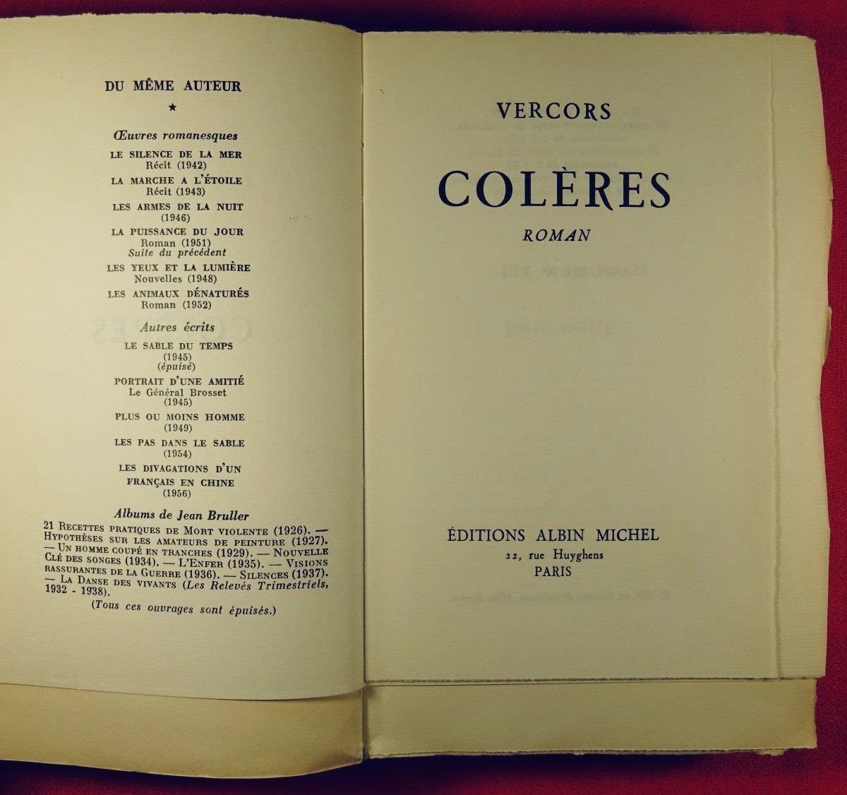 VERCORS - Colères. Roman.  Albin Michel, 1956, édition originale.-photo-3