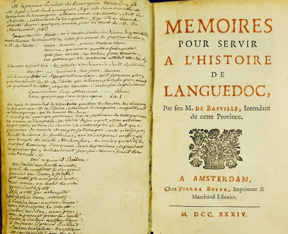 BASVILLE - Mémoires pour servir l'histoire de Languedoc. Amsterdam, Chez Pierre Boyer, 1734.