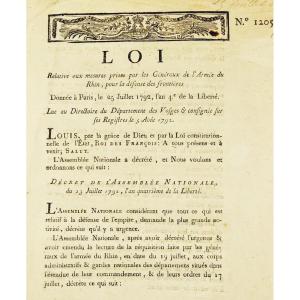 Loi relative décret relatif aux armes. Épinal, Imprimerie Nationale d'Haener, 1792.