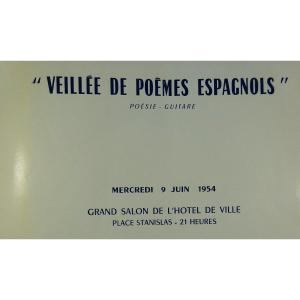 Programme De Théâtre - Veillée De Poèmes Espagnols. Hotel De Ville, 1954. SIGNÉ.