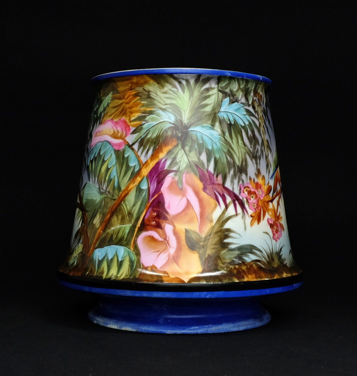 Lampshade-shaped Porcelain Cachepot Decorated With Parrots In The Jungle, 19th Century-photo-2