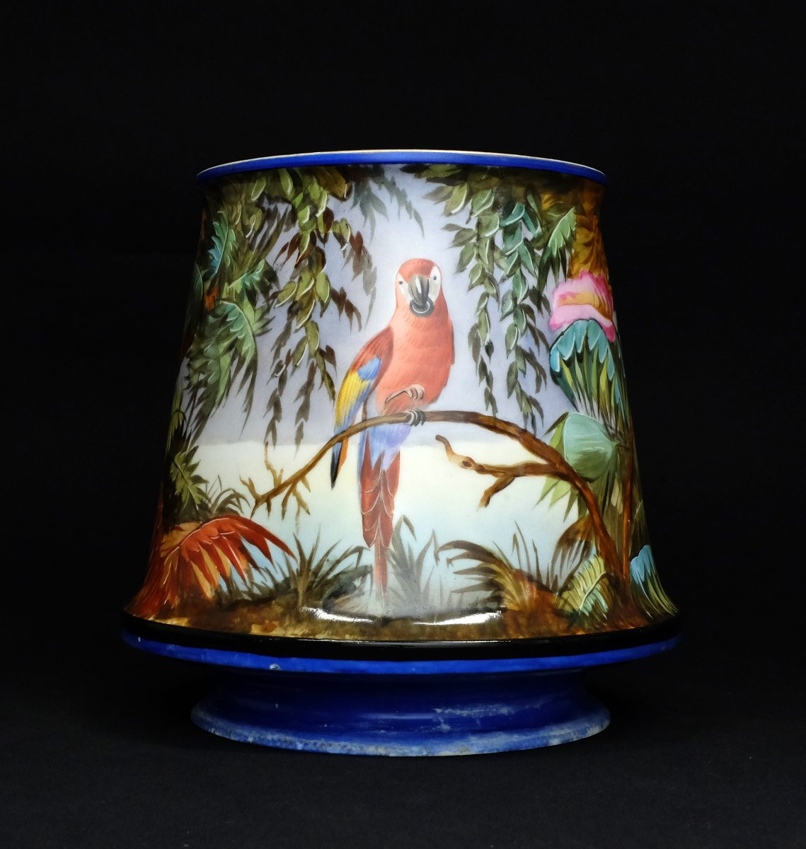 Lampshade-shaped Porcelain Cachepot Decorated With Parrots In The Jungle, 19th Century-photo-3