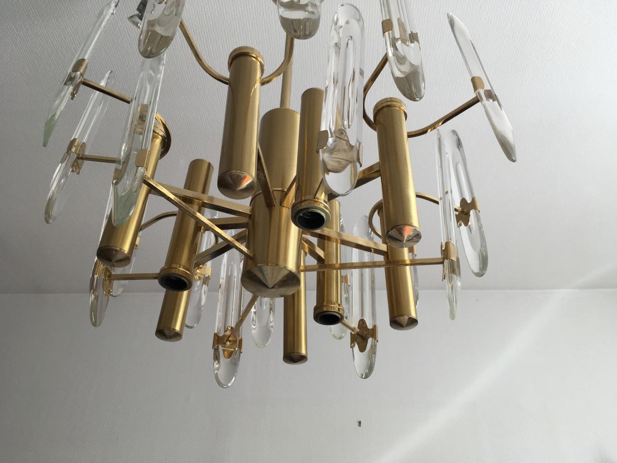 Gaetano Sciolari Paire de Lustres Laiton Et Cristal 1960-photo-3