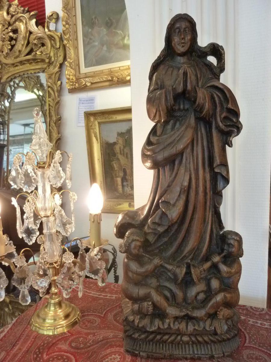 Statue Vierge En Bois Sculpté  XVIIIème Siècle 